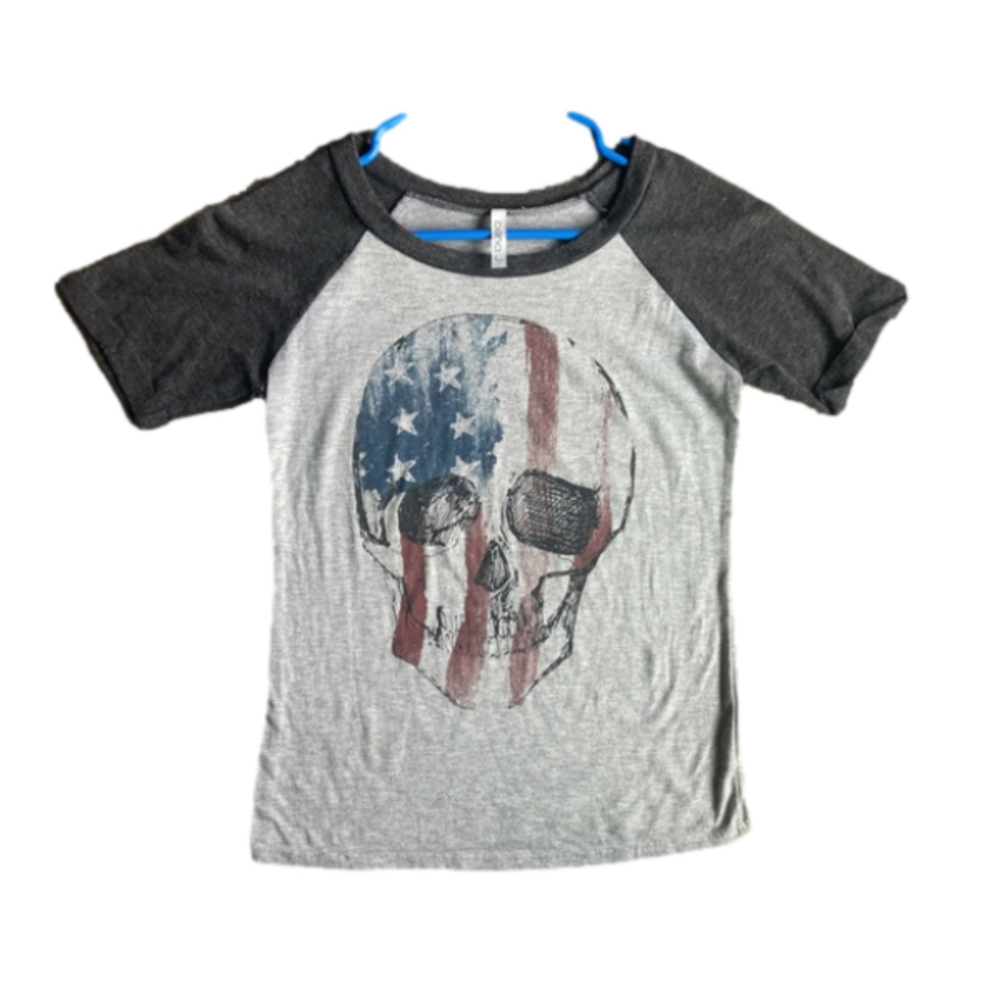 American Flag Skull Small Gray Baseball T-shirt